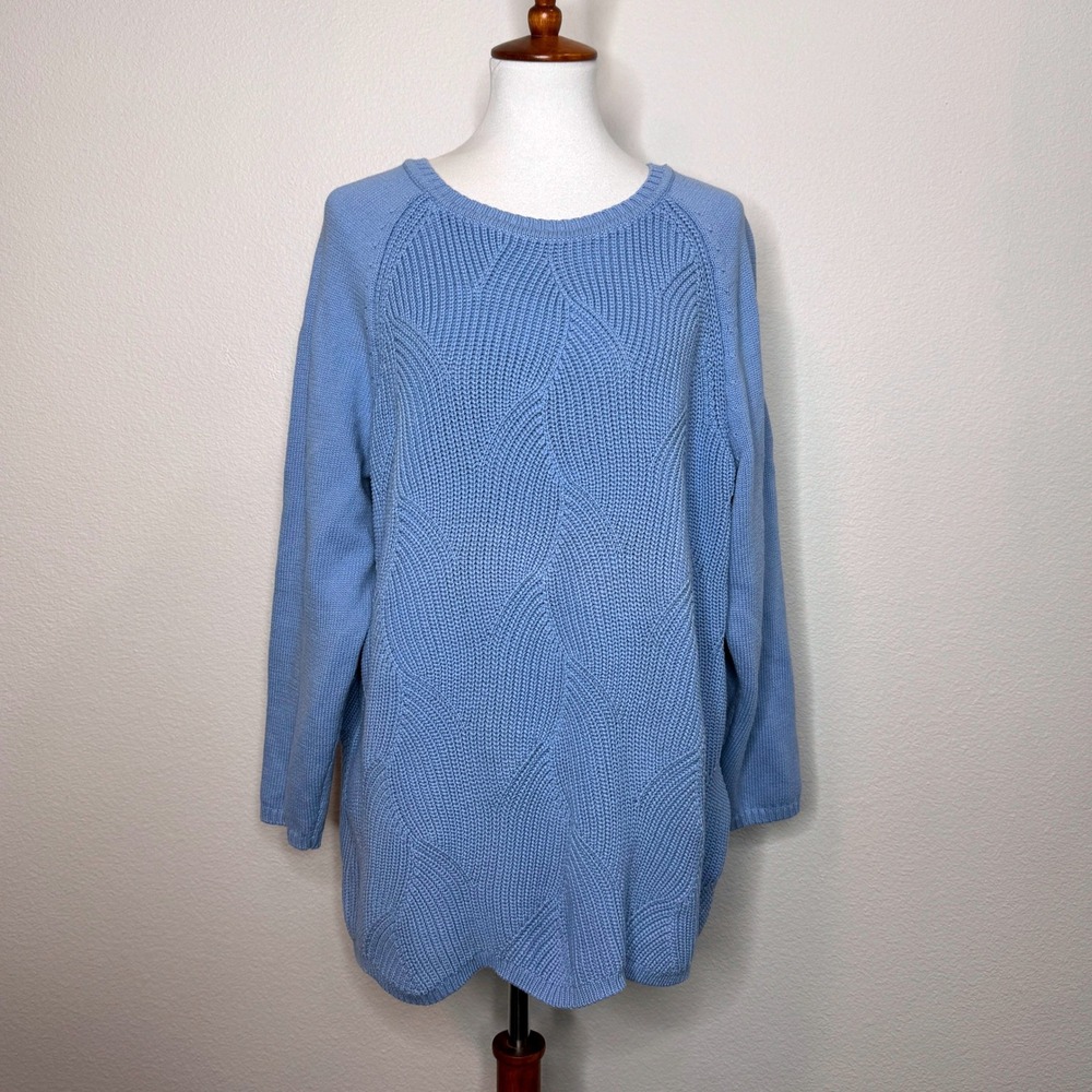 TALBOTS Plus Pullover Crew Neck Sweater 3X Blue Wavy Details Cotton Blend Causal